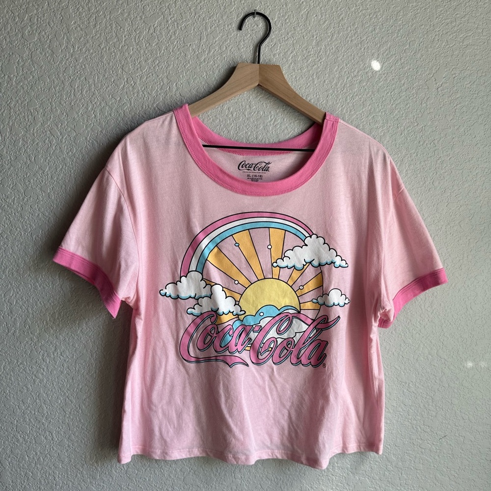 💖Coca-Cola Pink Sunshine Rainbow Crew Neck Ringer T-Shirt